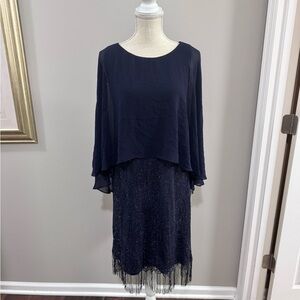 NWT Ignite Evenings Navy/Sliver Sleeveless Dress with Chiffon Overlay Shaw.